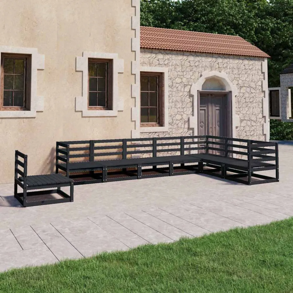 Set Divani da Giardino 8 pz Nero Legno Massello di Pino con Cuscino Estraibile