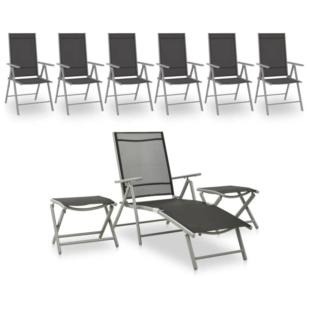 Set per Divani da Giardino 9 pz Nero e Argento con Portabicchiere Integrato
