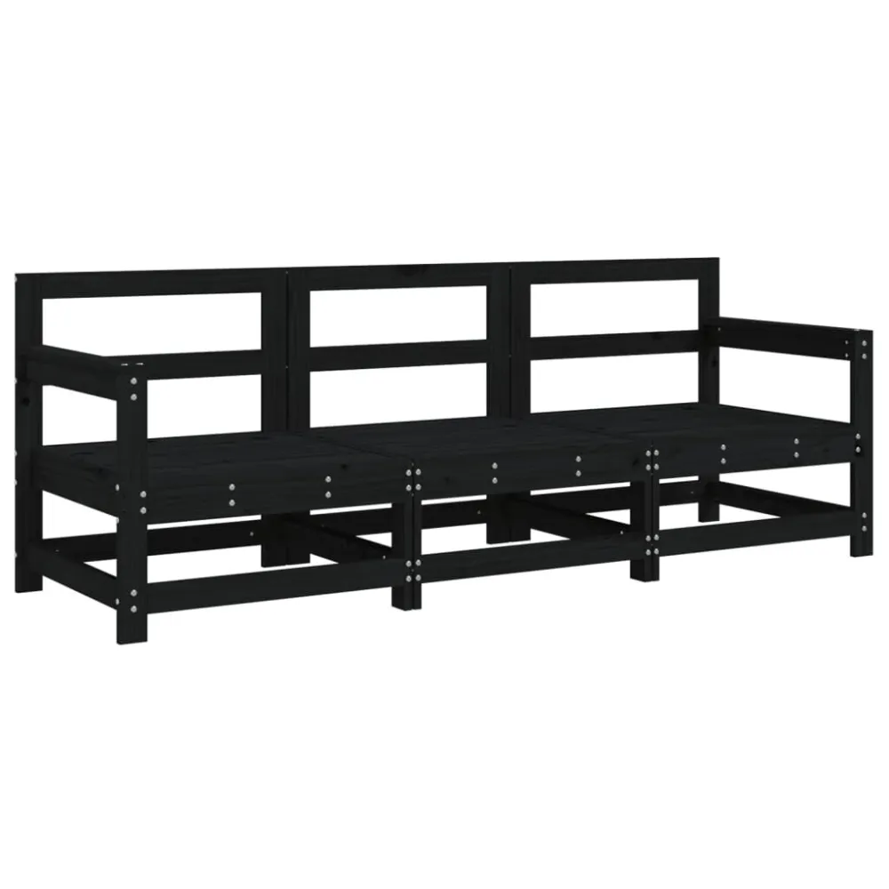 Set Salotto da Giardino 3 pz Nero Legno Massello di Pino con Rivestimento Tessuto