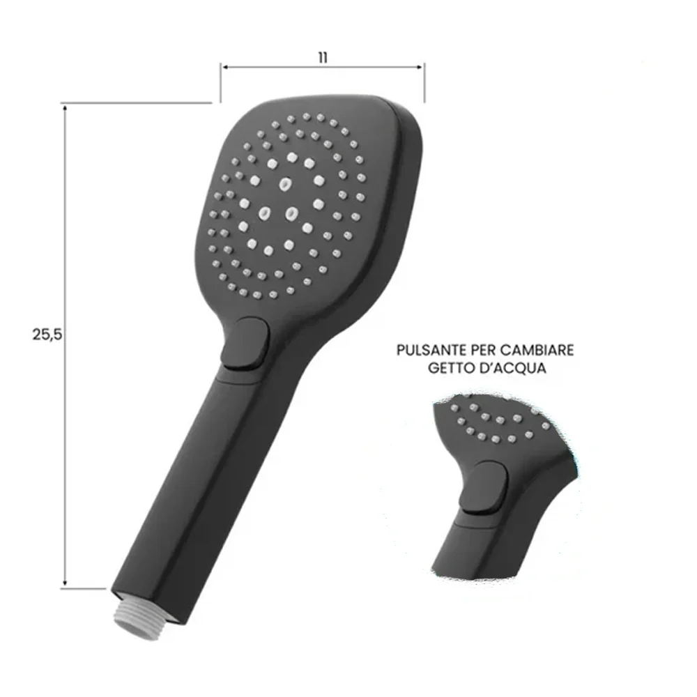 Doccetta per doccia quadrata 3 funzioni ABS Nero H. 25,5 cm Aqua Collection - DocciaGo