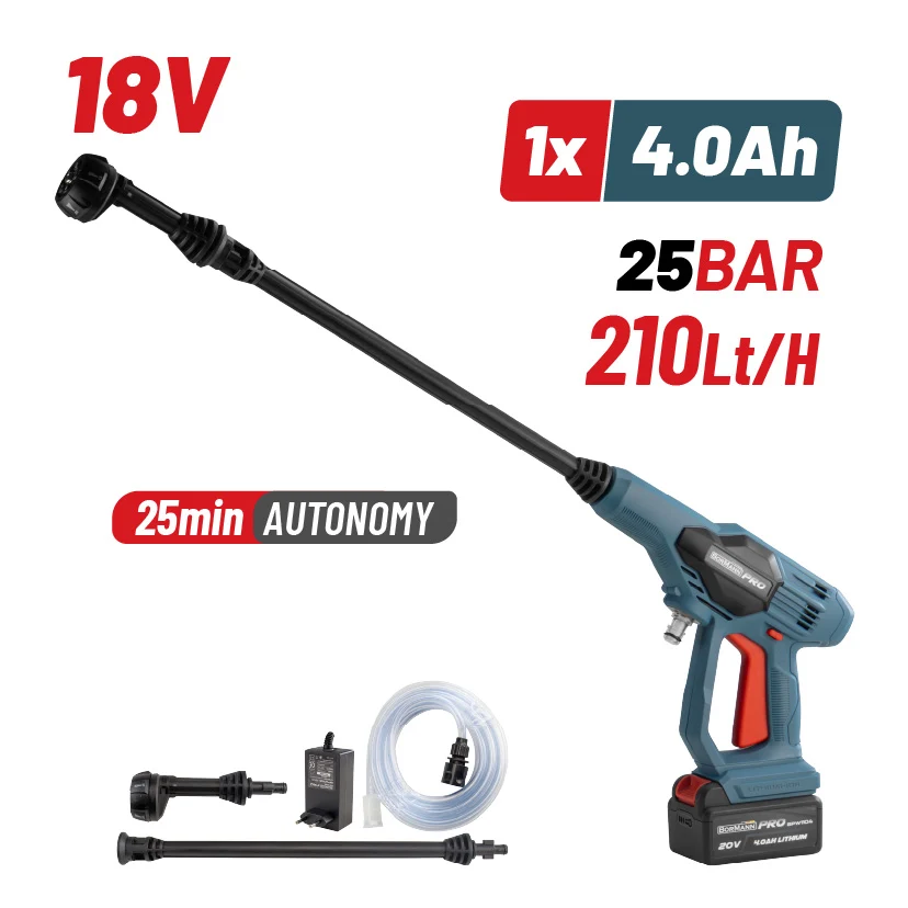 IDROPULITRICE BATTERIA BORMAN 25BAR, 180LT/H, 1,7 KG, PISTOLA CON 5 FUNZIONI, BATTERIA 4 Ah, CARICABATTERIA - BPW1100