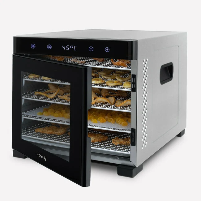 Ⓜ️🔵🔵🔵 H.Koenig DSY900 - Essiccatore per alimenti, CORPO E VASSOI ACCIAIO INOX, vetro trasparente per il monitoraggio visiv...