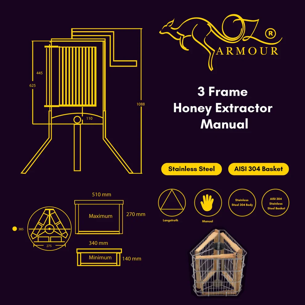 Estrattore Manuale di Miele 3 Telai Acciaio Inossidabile SS 304 di Qualità Alimentare Beekeeping Gear