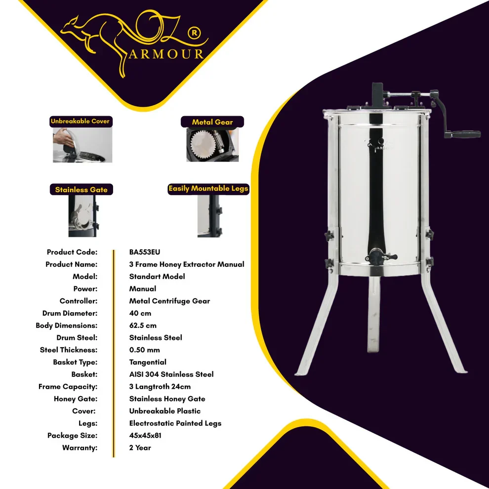 Estrattore Manuale di Miele 3 Telai Acciaio Inossidabile SS 304 di Qualità Alimentare Beekeeping Gear