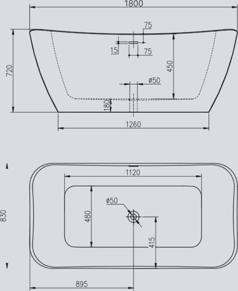 Vasca Da Bagno Free Standing Rettangolare Acrilico Bianco Lucido 180 x 83 x 72cm