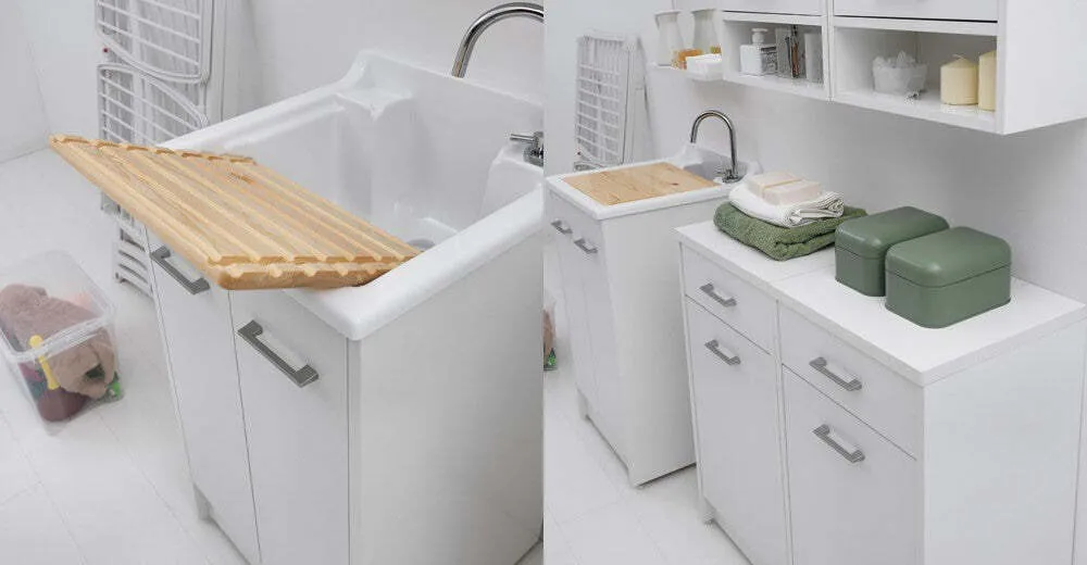 Lavatoio Colavene Domestica 60x50 Bianco Con Tavola Lavapanni Legno