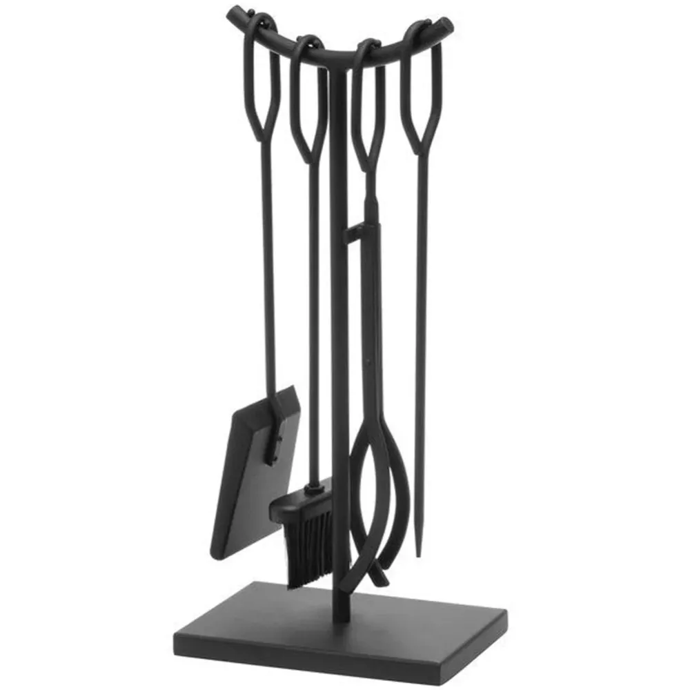 Set 4 Pezzi Accessori per Camino con Supporto Stand Ferro Battuto Nero