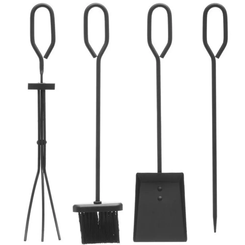 Set 4 Pezzi Accessori per Camino con Supporto Stand Ferro Battuto Nero