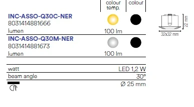 Mini Faretto Incasso LED ASSO quadrato alluminio NERO 1,2 W100LM 3000K DC24V 3.2x3,2 cm. NC-ASSO-Q30C-NER