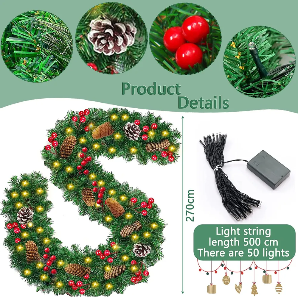 Frasheng Ghirlanda Natalizia,Ghirlanda Natalizia per Porta Decorativa con 50 LED Luce,Ghirlanda di Natale Artificiale,Ghir...