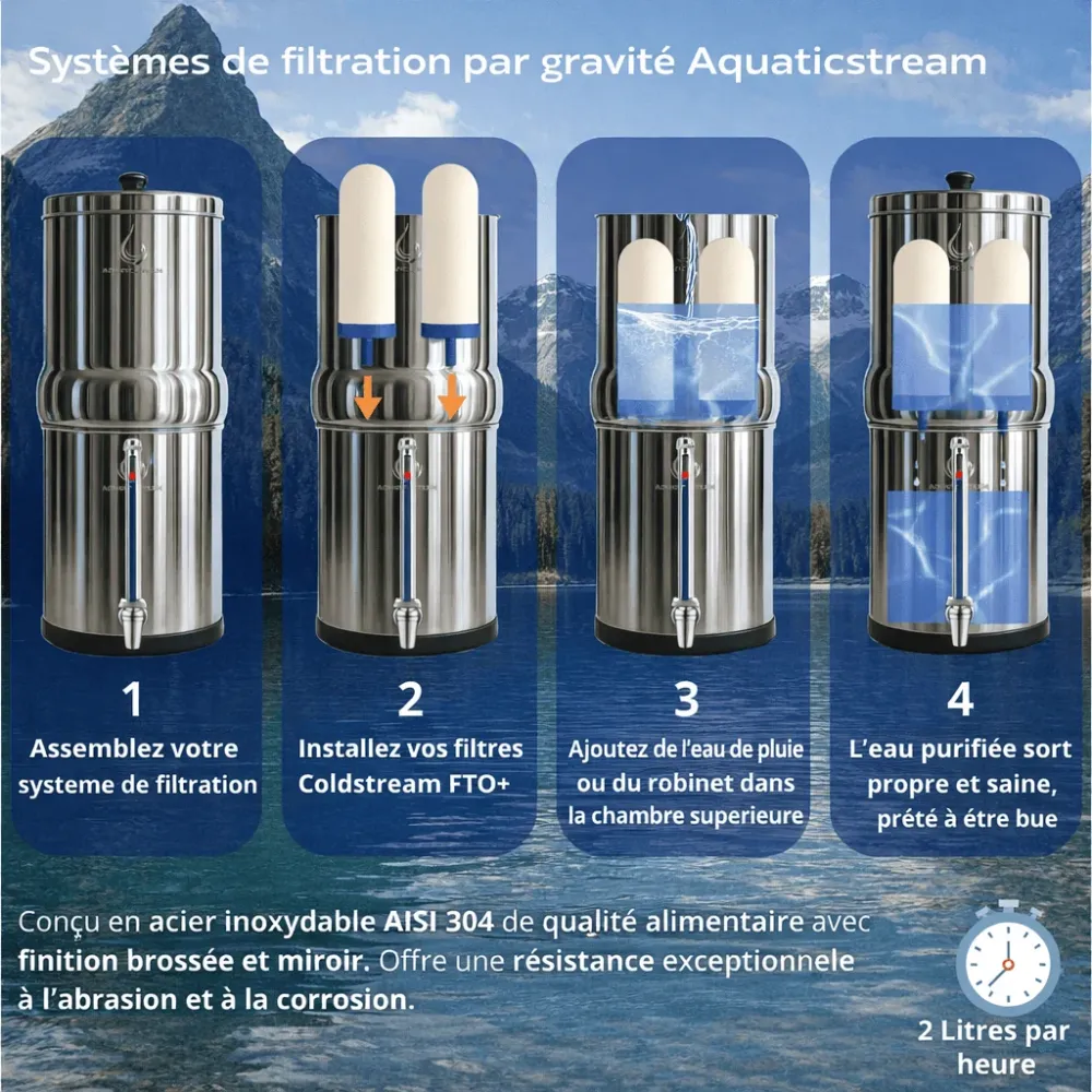 Sistema di filtrazione gravità Aquaticstream da 8,5 litri - include 2 filtri FTO+, 1 base acciaio inossidabile, 1 rubinett...