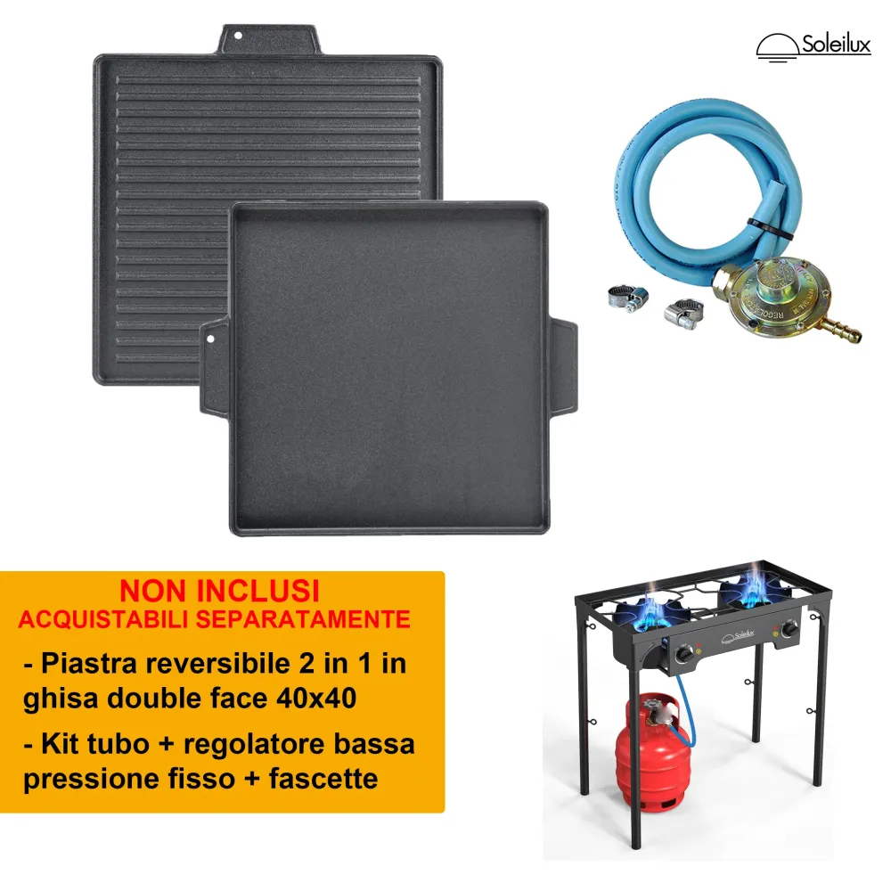 SOLEILUX Fornellone Fornello 2 Fuochi 75x38cm 3 1 Rialzato Da Esterno Gpl Con Accensione Piezo H 81cm - NERO