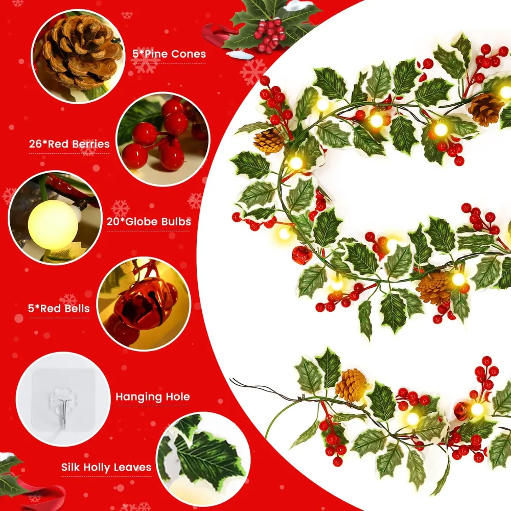 2 confezioni di ghirlanda di bacche rosse di Natale da 1,8 m con 40 LED – 8 modalità di illuminazione versatili per una de...