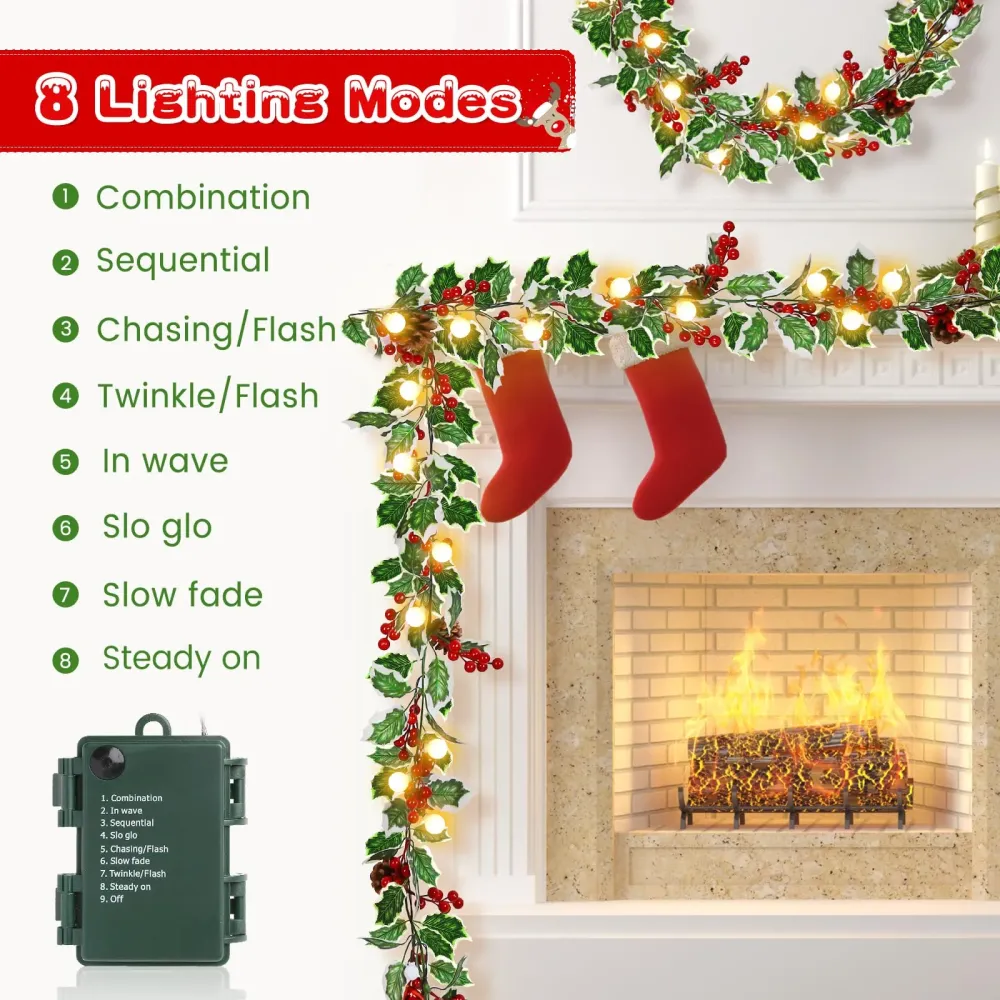 2 confezioni di ghirlanda di bacche rosse di Natale da 1,8 m con 40 LED – 8 modalità di illuminazione versatili per una de...