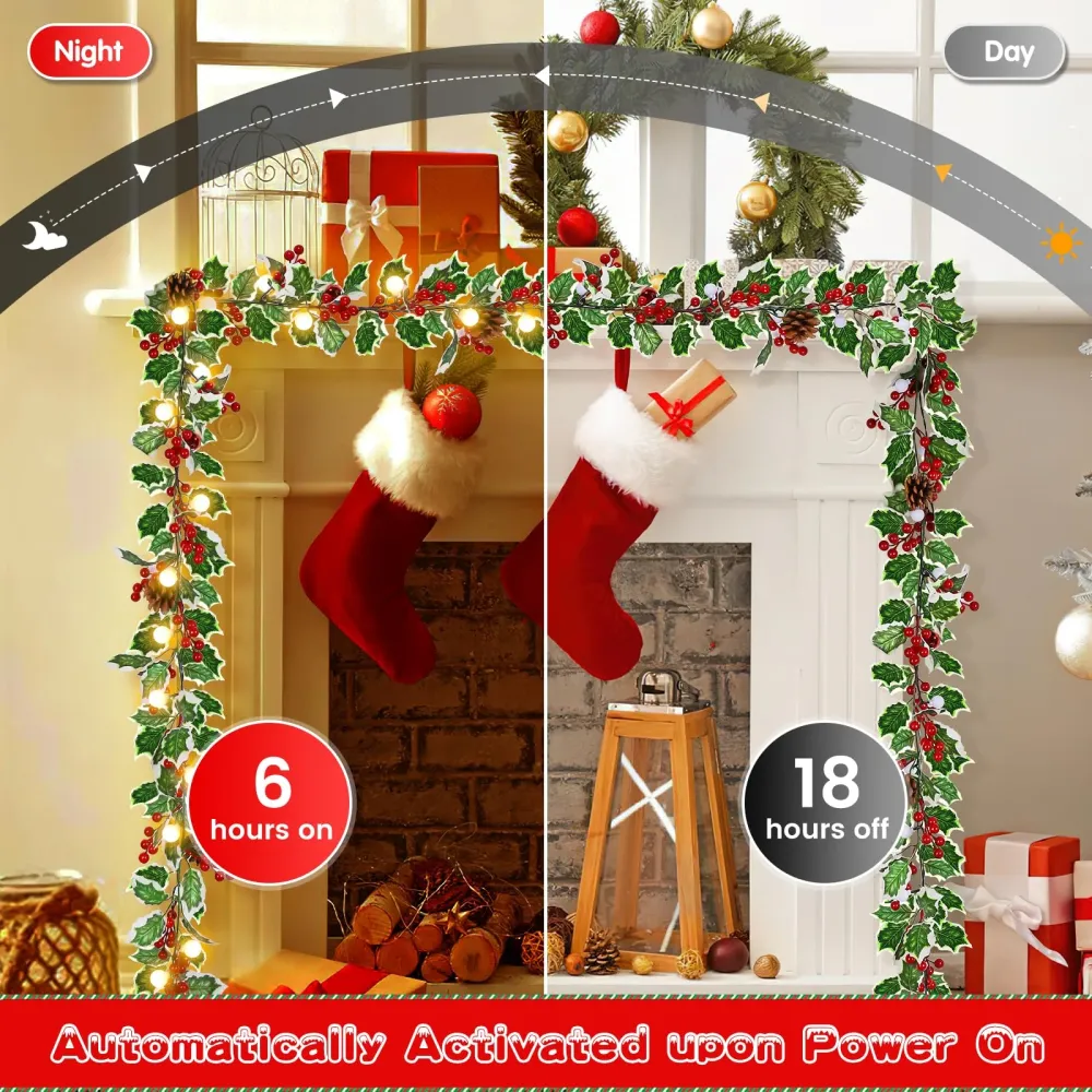 2 confezioni di ghirlanda di bacche rosse di Natale da 1,8 m con 40 LED – 8 modalità di illuminazione versatili per una de...