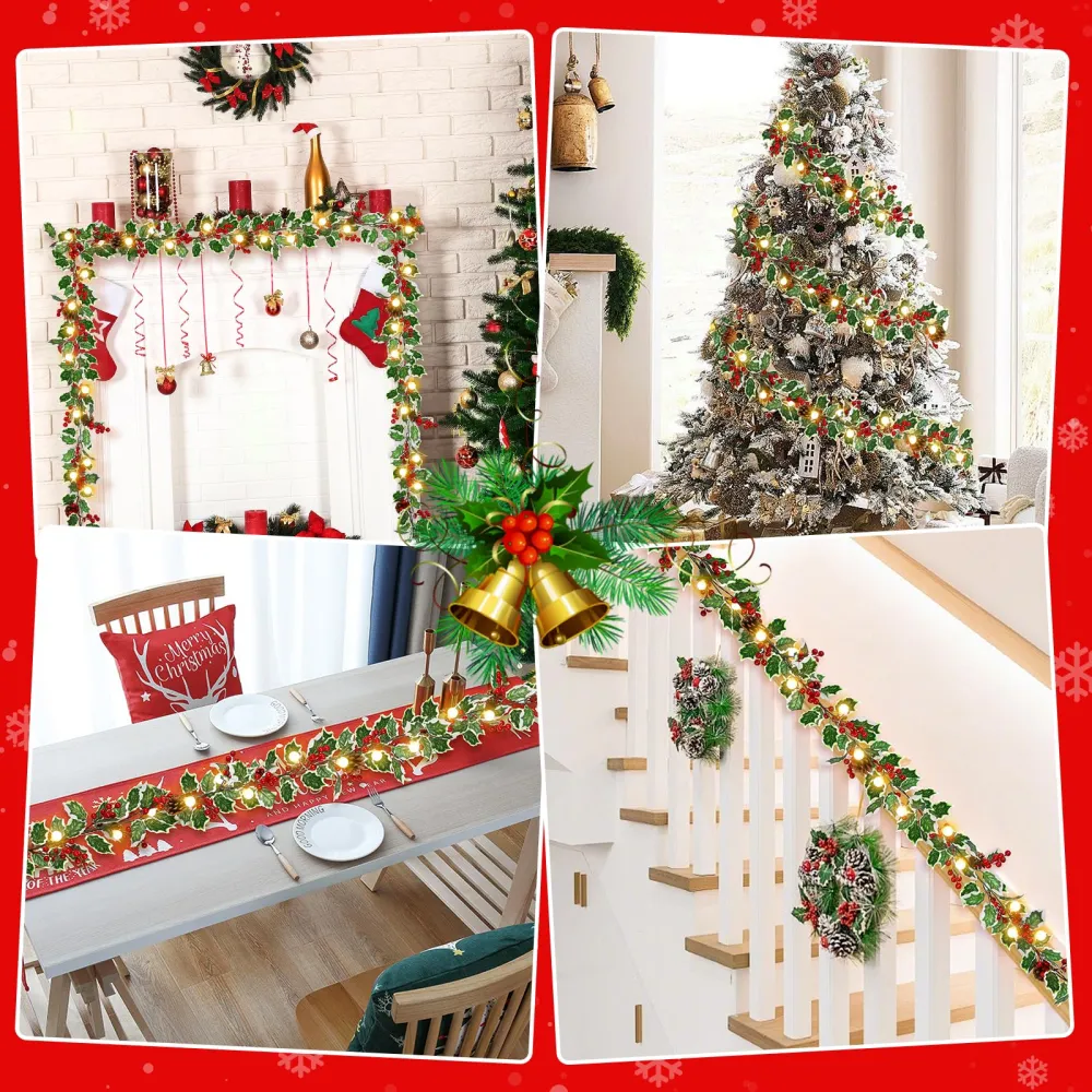 2 confezioni di ghirlanda di bacche rosse di Natale da 1,8 m con 40 LED – 8 modalità di illuminazione versatili per una de...