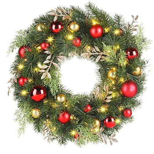 Ghirlanda di Natale da 16 pollici con 40 luci LED calde, abete PE realistico con ornamenti rossi e dorati, batteria, decor...