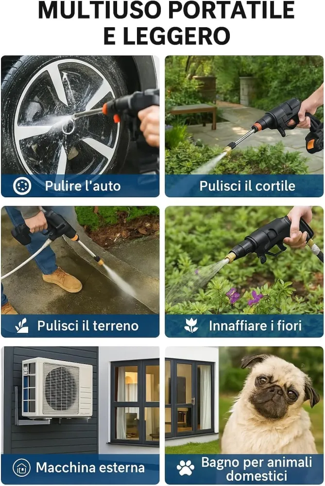 Idropulitrice Doppia Batteria 48V 8000Mah, Ugello 6 1, Idropulitrice Portatile con 2 Batterie e Tubo da 5M, Pulitore ad Al...