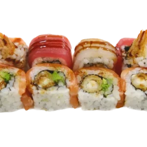 CRAZY RAINBOW (gambero tempura, avocado, mayo, filetti di pesce misto e salsa teriyaki 8pz)