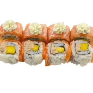 FIORI MANGO(salsa di tonno pinna gialla, mango, esterno con almone flambato e philadelphia 8pz)