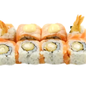 HOT DRAGO (roll di riso con gamberi tempura, esternamente salmone flambè e salsa special 8pz)