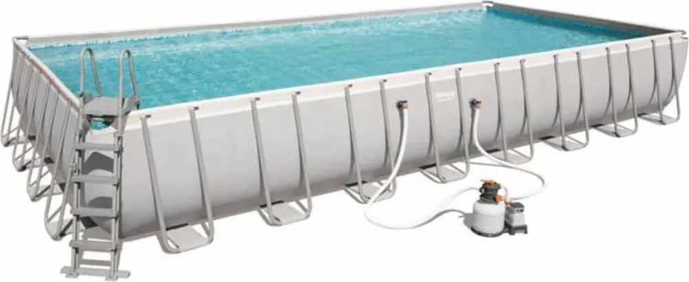 Piscina rettangolare 956 x 488 cm h132 con filtro sabbia e scaletta da giardino e veranda