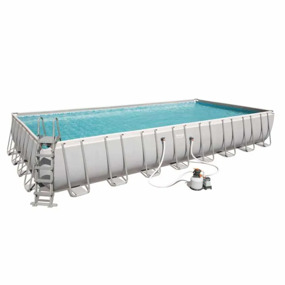 Piscina rettangolare 956 x 488 cm h132 con filtro sabbia e scaletta da giardino e veranda