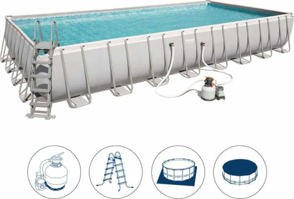 Piscina rettangolare 956 x 488 cm h132 con filtro sabbia e scaletta da giardino e veranda