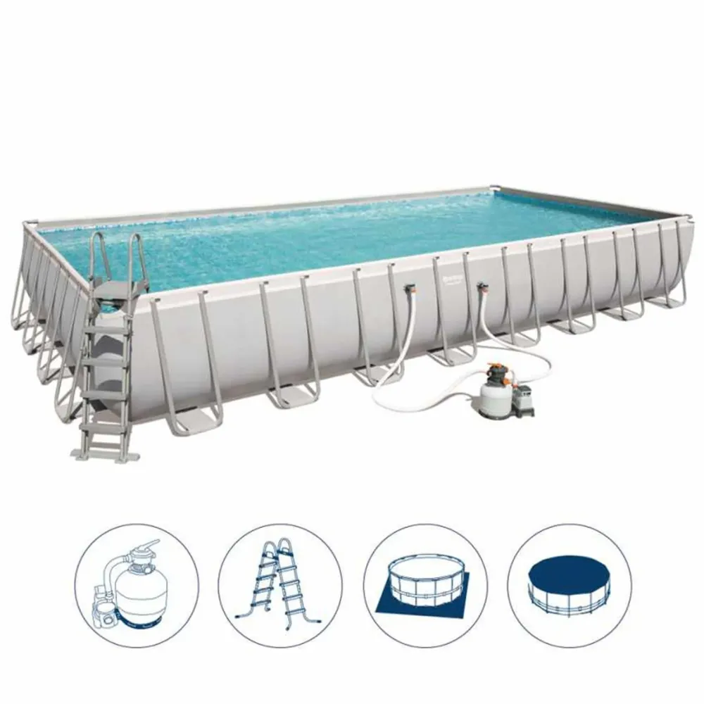 Piscina rettangolare 956 x 488 cm h132 con filtro sabbia e scaletta da giardino e veranda