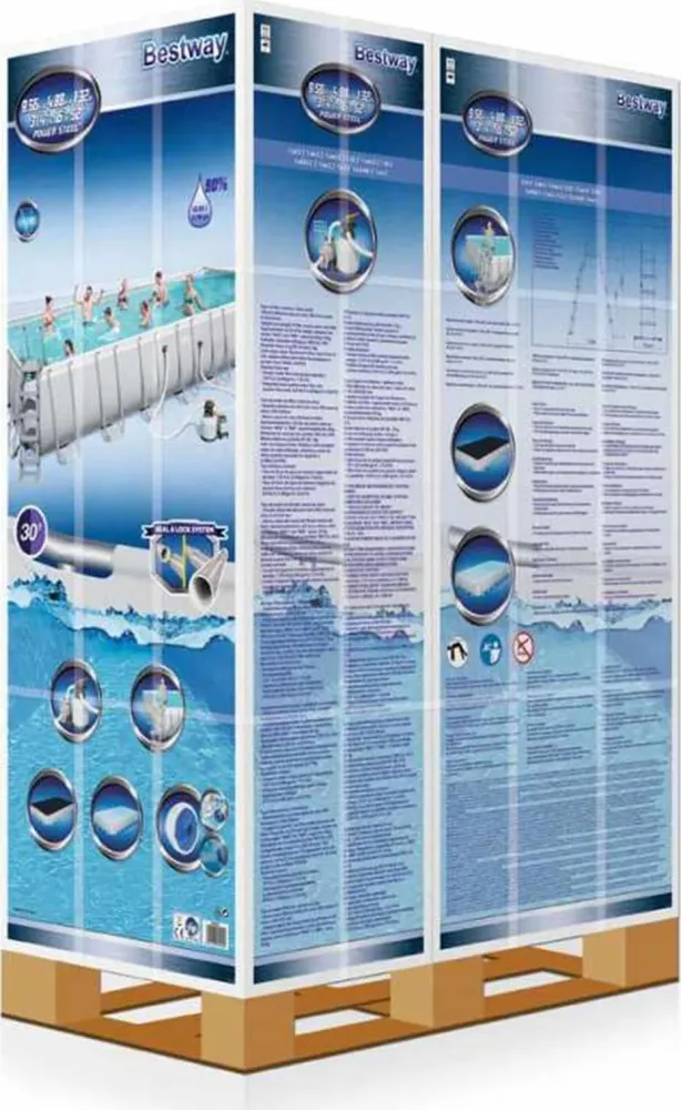 Piscina rettangolare 956 x 488 cm h132 con filtro sabbia e scaletta da giardino e veranda