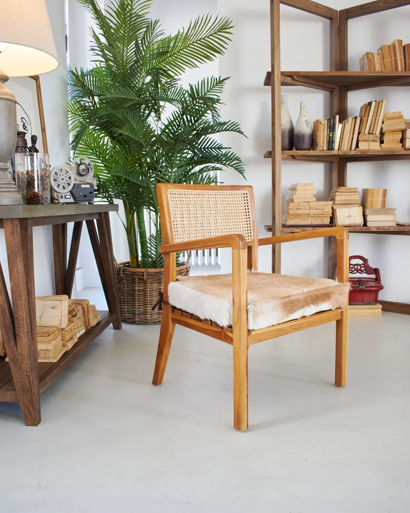 Poltrona legno, pelle di capra e rattan Aspen