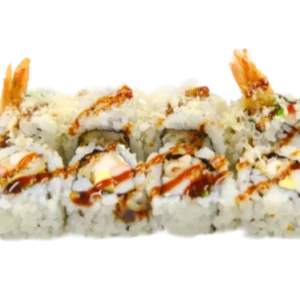 RAKKI ROLL (gamberi tempura, avocado, surimi, mayo, tobiko, esterno fiocchi di tempura e salsa teriyaki 8pz)