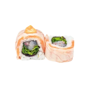 ROSA (Gambero rosso di Sicilia, misticanza, salmone flambato e salsa spicy 8pz)