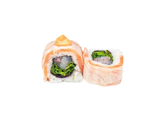 ROSA (Gambero rosso di Sicilia, misticanza, salmone flambato e salsa spicy 8pz)