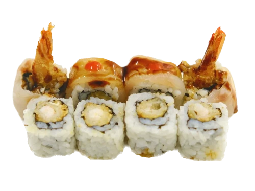 SUZUKI (Gamberi tempura,philadelphia,esterno con branzino flambato,punta di salsa sriracha salsa teriyaki e erba cipollina...