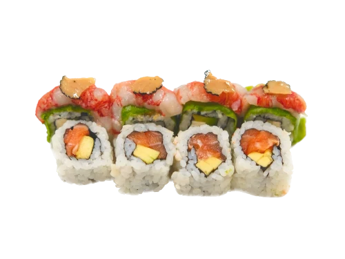 TARTUFO ROLL(salmone, avocado, gambero rosso di Sicilia e carpaccio di tartufo nero 8pz)