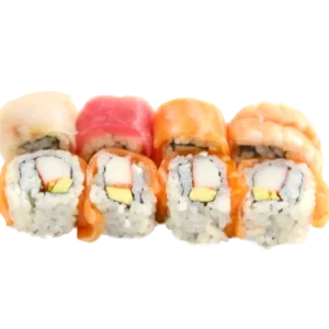 URAMAKI ARCOBALENO (polpa di granchio, avocado mayo avvolto da pesce 8pz)