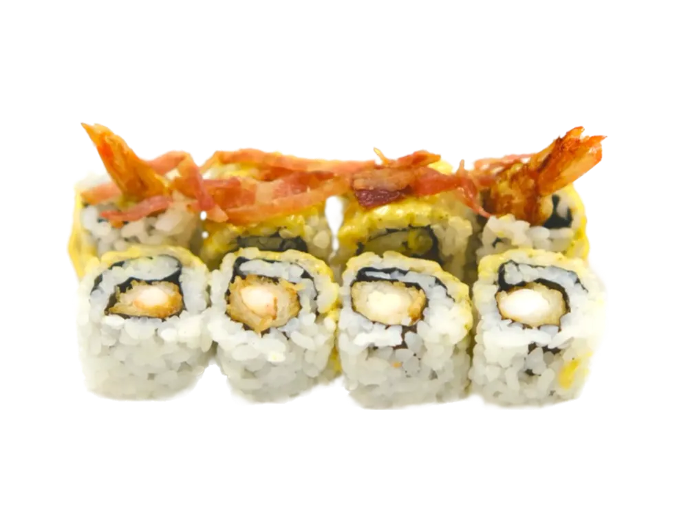 URAMAKI CARBONARO(gambrel tempura,salsa mango e curry,bacon crispy 8pz)
