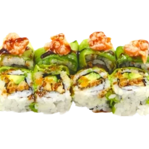 URAMAKI CRAB FLAMB (tempura di granchio morbido,avocado,uova di tobiko,esterno avocado,tartare di salmone flambato e salsa...
