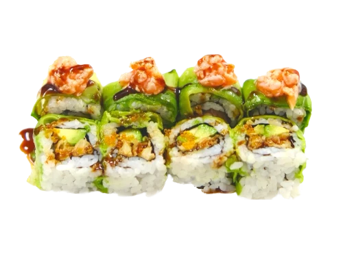 URAMAKI CRAB FLAMB (tempura di granchio morbido,avocado,uova di tobiko,esterno avocado,tartare di salmone flambato e salsa...