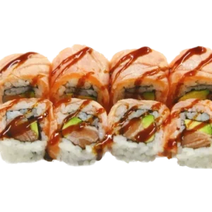 URAMAKI FLAMBè (roll di riso con tartare di salmone, avocado e tabasco, esternamente salmone flambè, salsa teriyaki e sesa...
