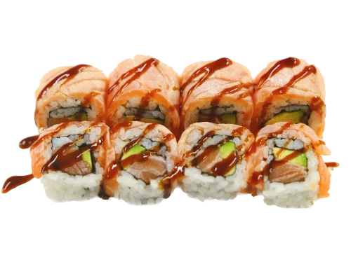 URAMAKI FLAMBè (roll di riso con tartare di salmone, avocado e tabasco, esternamente salmone flambè, salsa teriyaki e sesa...