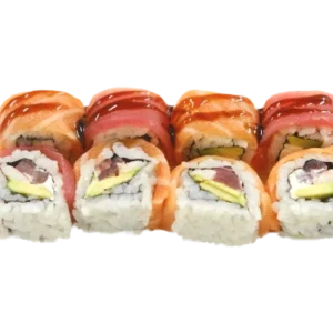 URAMAKI HASU (philadelphia, tonno, gambero cotto, avocado, esterno sashimi di tonno e salmone e salsa kabayaki 8pz)