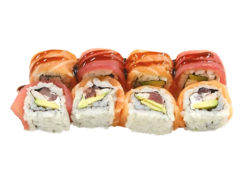 URAMAKI HASU (philadelphia, tonno, gambero cotto, avocado, esterno sashimi di tonno e salmone e salsa kabayaki 8pz)