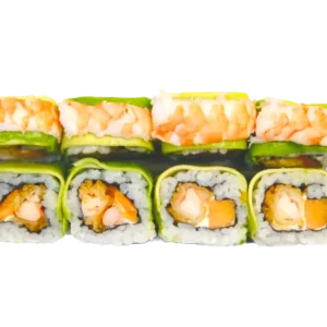 URAMAKI KARMA (philadelphia, tempura di scampi, papaya esterno sashimi di avocado e gambero cotto 8pz)