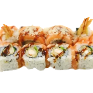 URAMAKI PANTER (gamberi tempura, philadelphia, basilico, esterno sashimi di salmone, fiocchi di patate e salsa teriyaki 8pz)