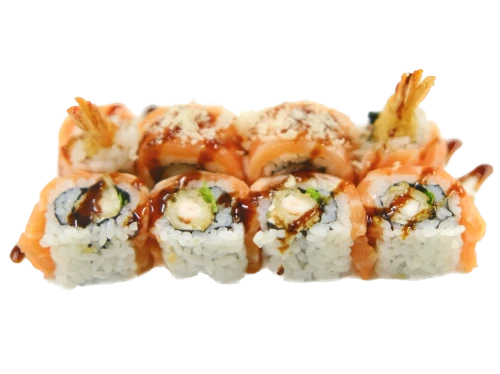 URAMAKI PANTER (gamberi tempura, philadelphia, basilico, esterno sashimi di salmone, fiocchi di patate e salsa teriyaki 8pz)