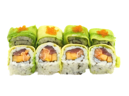 URAMAKI TOBIKO (philadelphia, tonno, salmone, papaya, esterno sashimi di avocado e uova di tobiko 8pz)