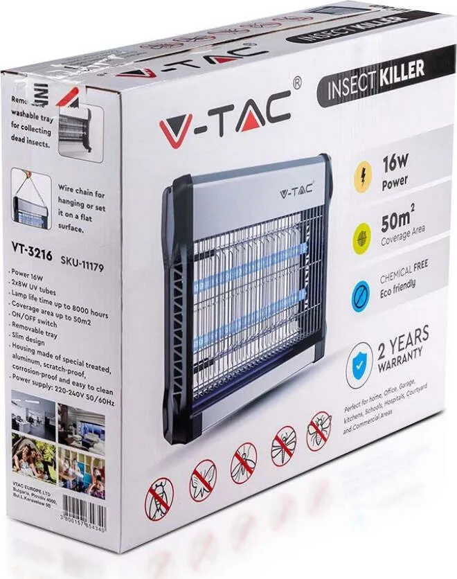 V-TAC VT-3216 ZANZARIERA ELETTRICA INSECT KILLER LAMPADA UV 16W LUCE BLU ATTIRA ED ELIMINA INSETTI - SKU 11179