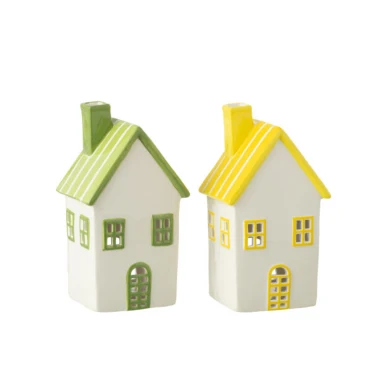 Porta Tea Light Casetta Ceramica Giallo Verde Set 2